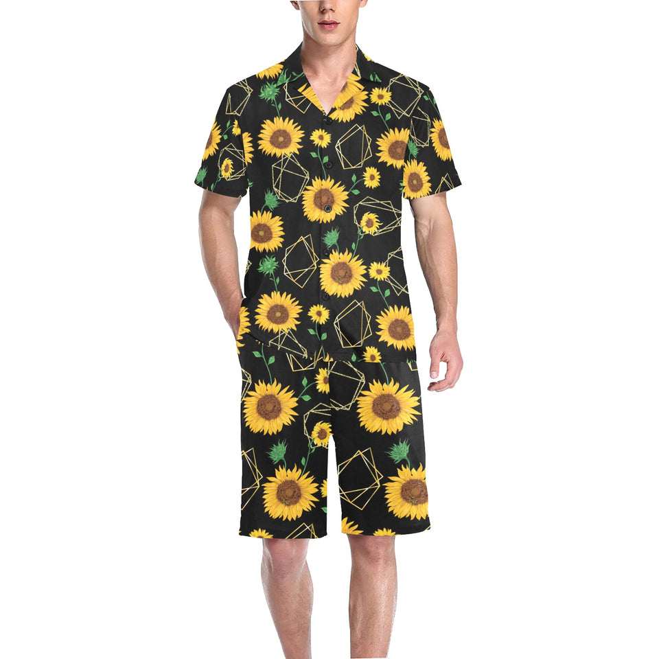 sunflower golden polygonal shapes Men's V-Neck Short Pajama Set