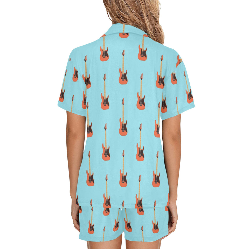 electric guitar pattern light blue background Women's V-Neck Short Pajama Set