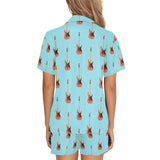 electric guitar pattern light blue background Women's V-Neck Short Pajama Set