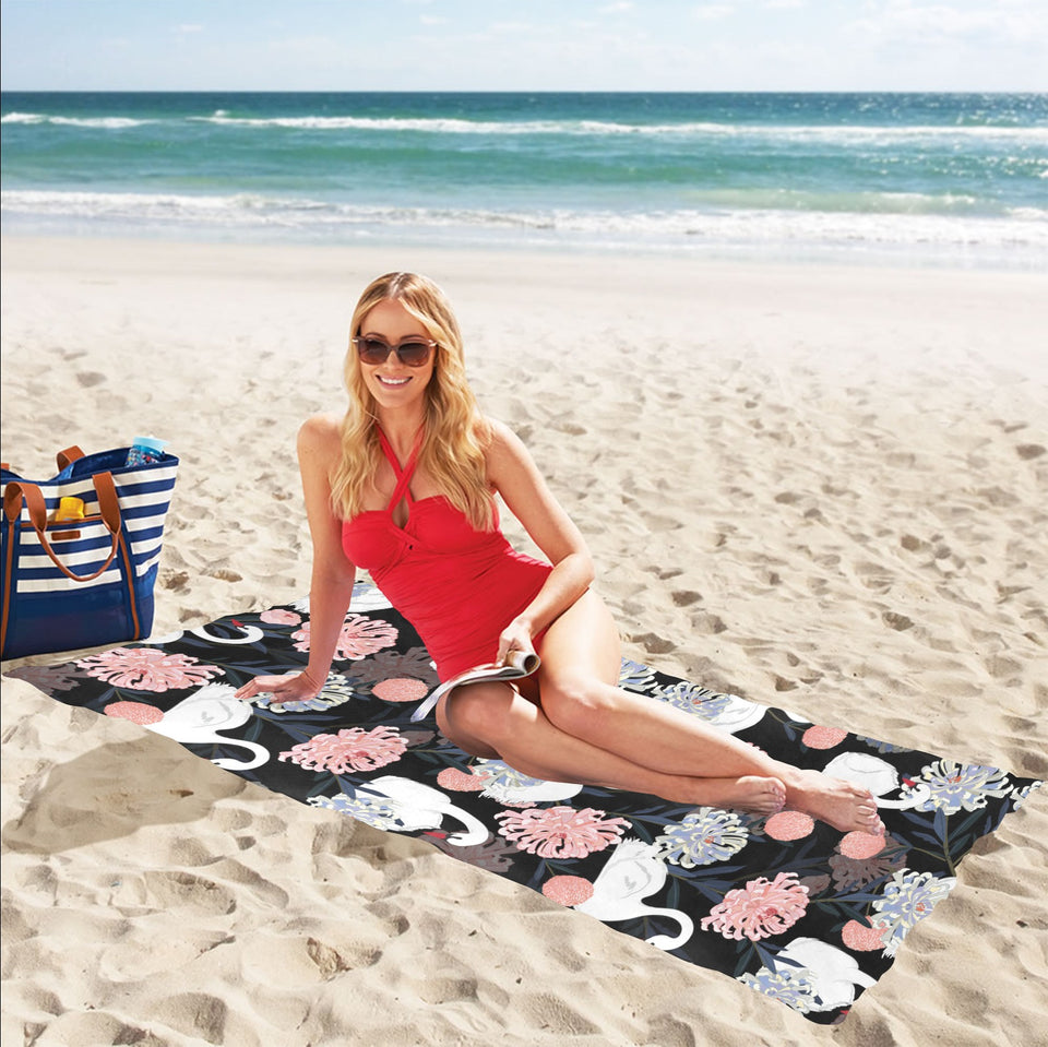 white swan blooming flower pattern Beach Towel