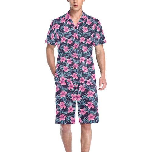 Hibiscus Pattern Print Design 05 Men's V-Neck Short Pajama Set