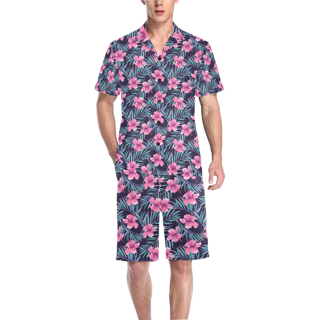 Hibiscus Pattern Print Design 05 Men's V-Neck Short Pajama Set