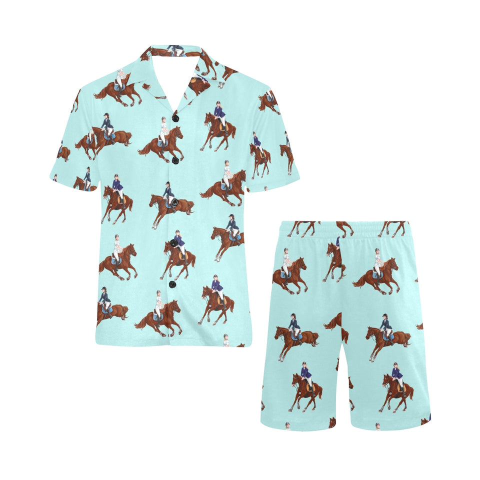 Horses running horses rider pattern Men's V-Neck Short Pajama Set