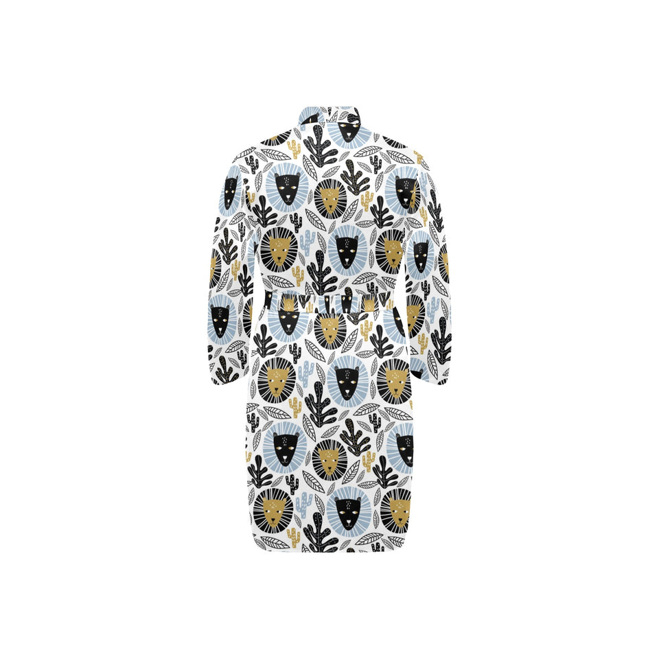 Lion Pattern Print Design 05 Men's Long Sleeve Belted Night Robe