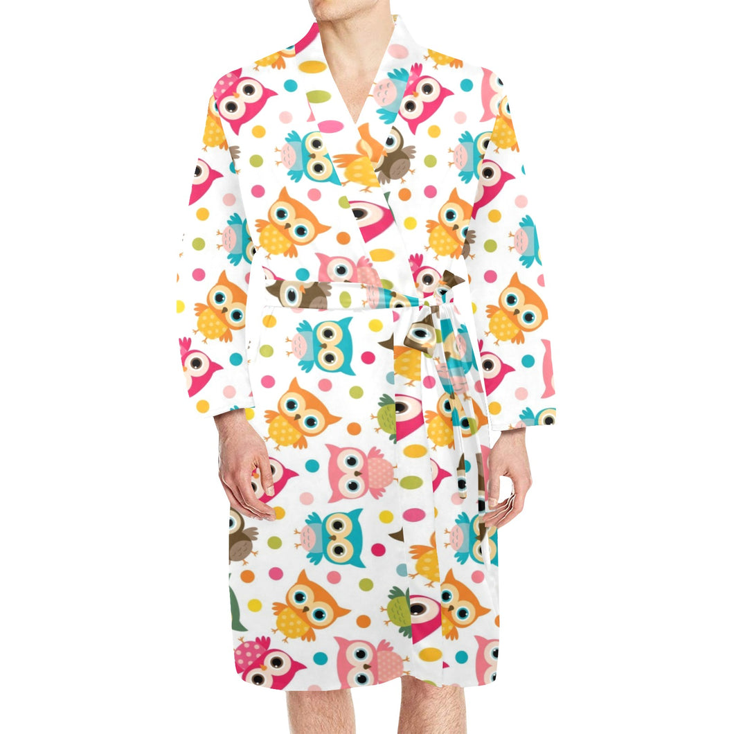 Color cute owl pattern Men's Long Sleeve Belted Night Robe