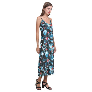 Skull flower roses leave pattern V-Neck Open Fork Long Dress