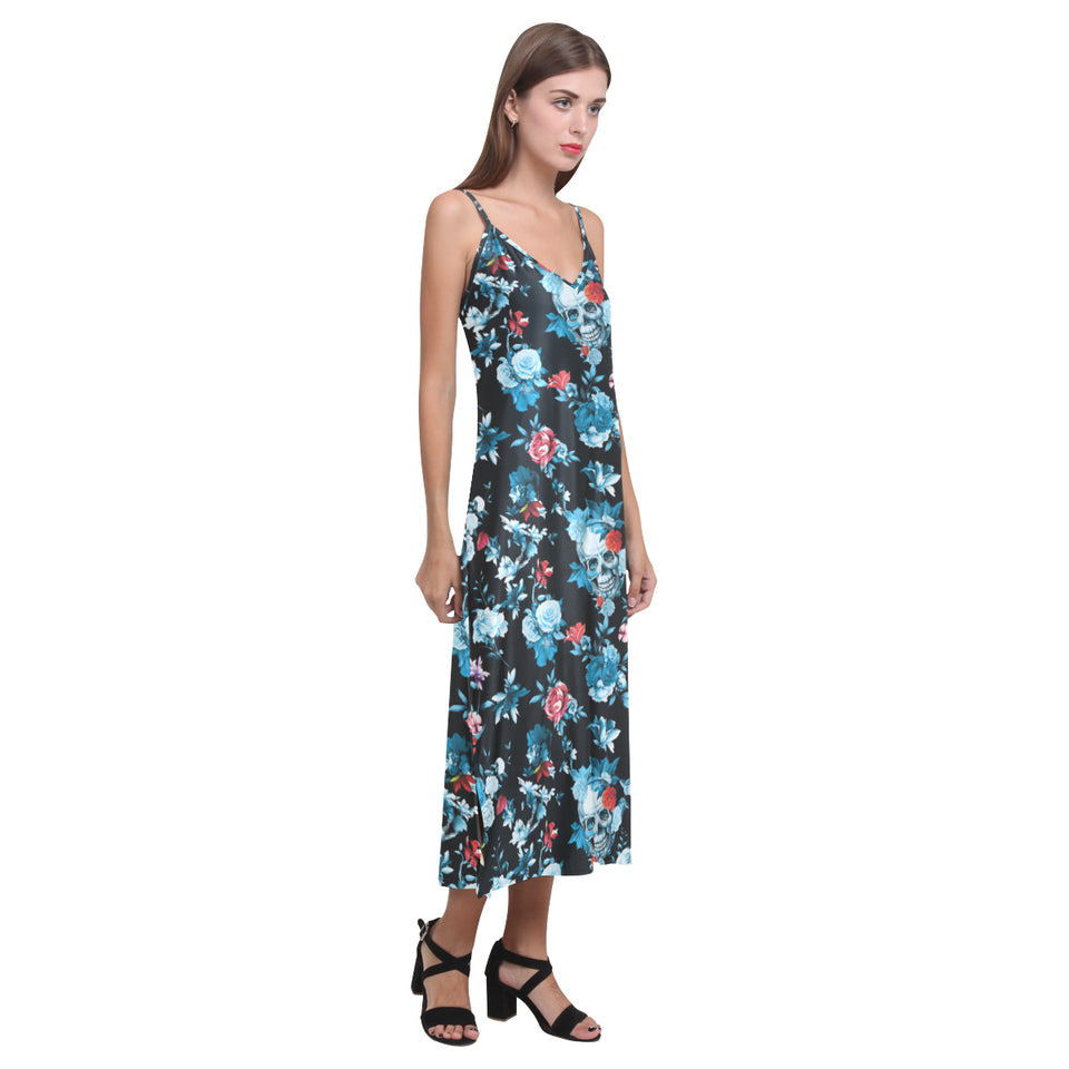 Skull flower roses leave pattern V-Neck Open Fork Long Dress