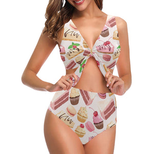 Cake cupcake sweets pattern Chest Bowknot High Waisted Bikini Swimsuit