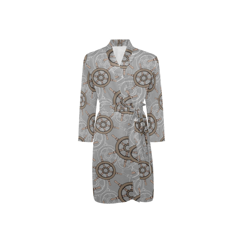 nautical wood steering wheel pattern Men's Long Sleeve Belted Night Robe