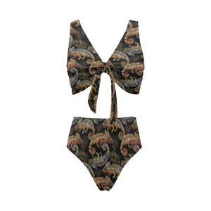 Chameleon lizard tropical leaves palm tree Chest Bowknot High Waisted Bikini Swimsuit