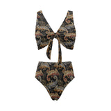 Chameleon lizard tropical leaves palm tree Chest Bowknot High Waisted Bikini Swimsuit