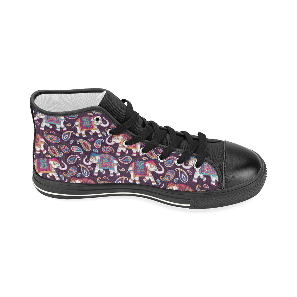 Elephant indian style ornament pattern Women's High Top Canvas Shoes Black