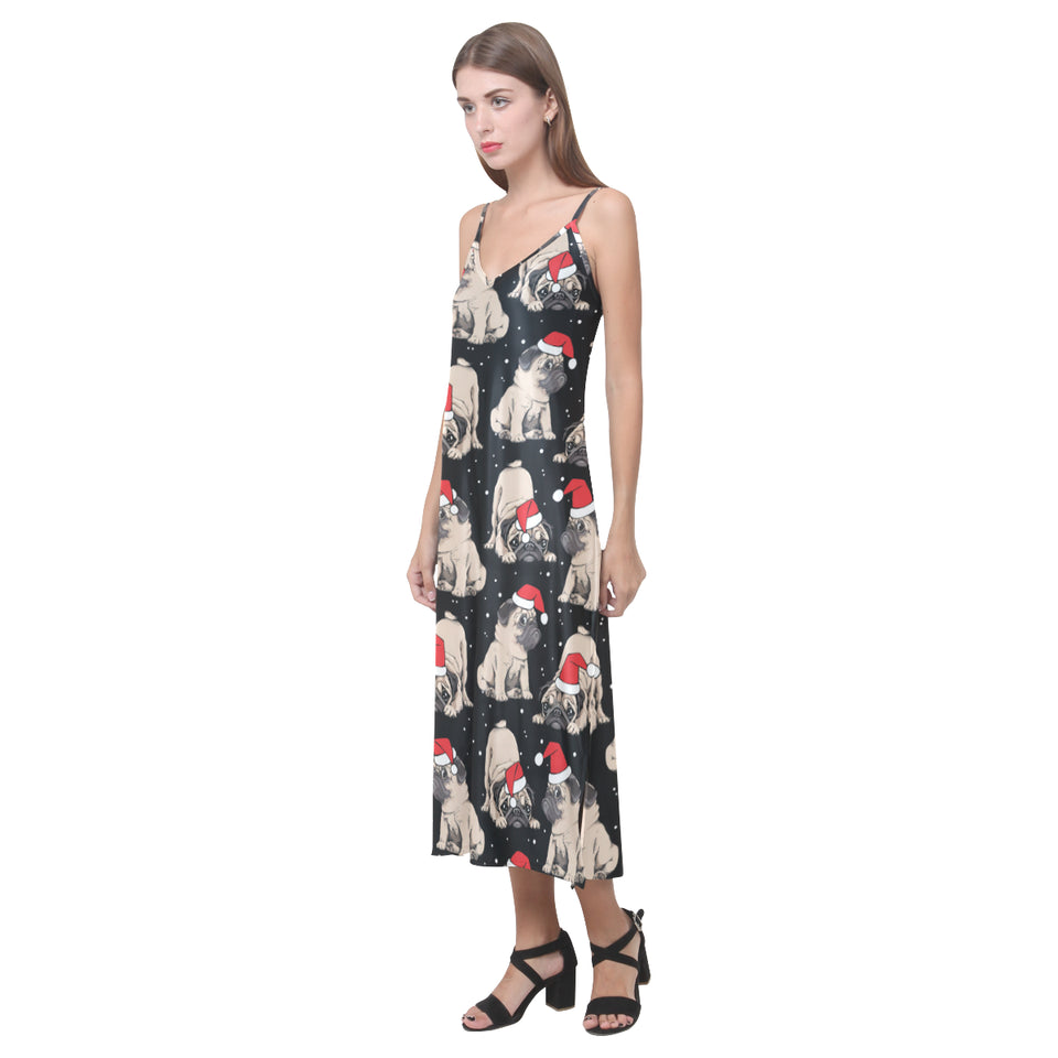 Christmas Pugs Santa_s red cap pattern V-Neck Open Fork Long Dress