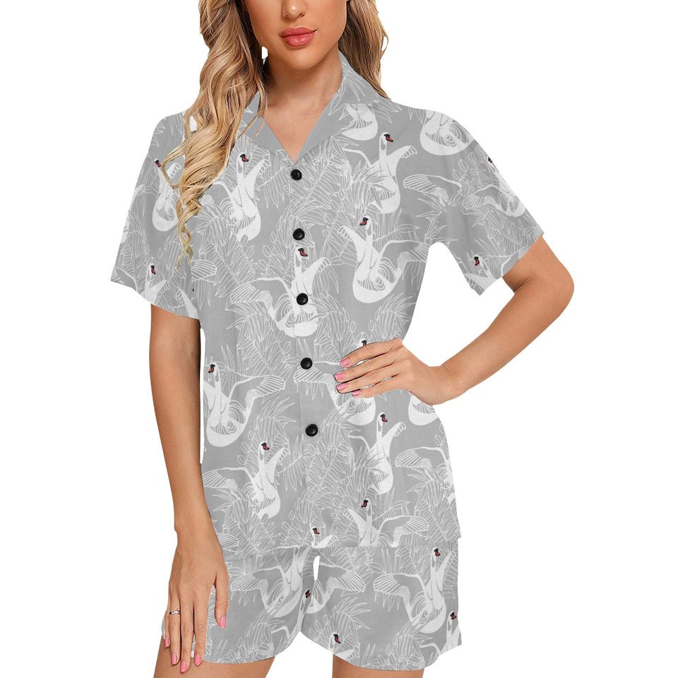 white swan gray background Women's V-Neck Short Pajama Set