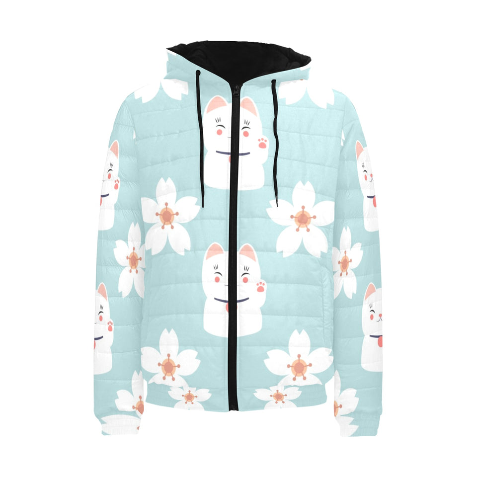 Maneki neko cat sakura Men's Padded Hooded Jacket