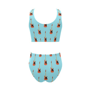 electric guitar pattern light blue background Chest Bowknot High Waisted Bikini Swimsuit