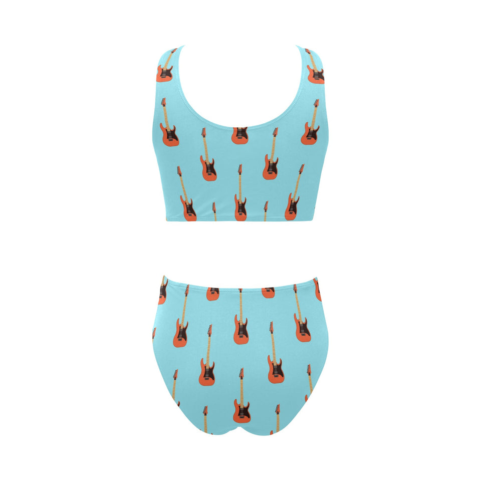 electric guitar pattern light blue background Chest Bowknot High Waisted Bikini Swimsuit