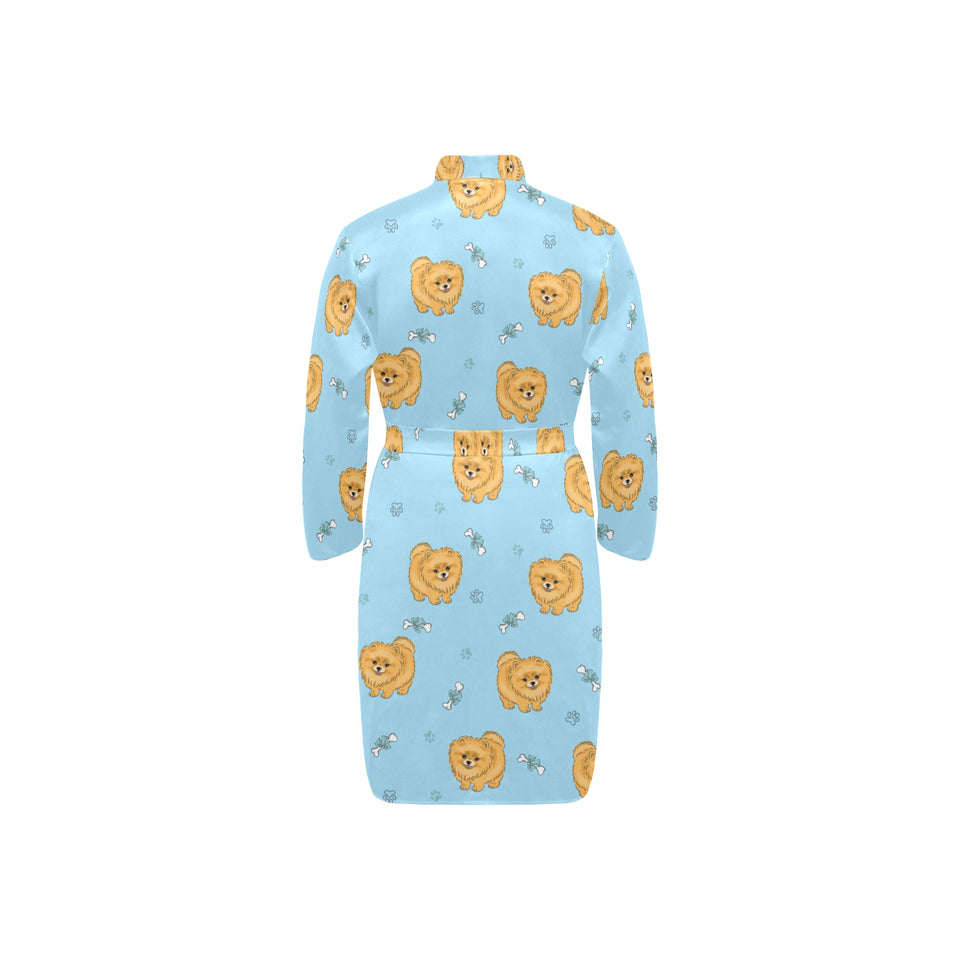 Brown cute pomeranian blue blackground Men's Long Sleeve Belted Night Robe