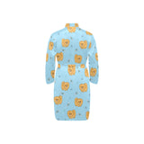 Brown cute pomeranian blue blackground Men's Long Sleeve Belted Night Robe