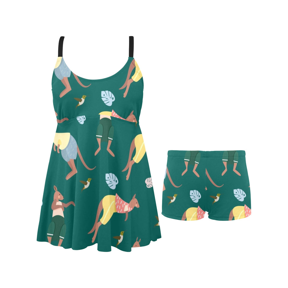 Kangaroo leaves pattern Chest Sexy Pleated Two Piece Swim Dress