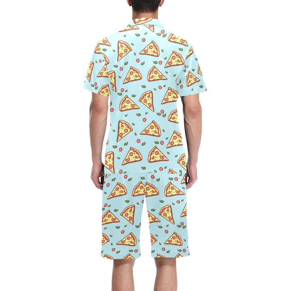 Hand drawn pizza blue background Men's V-Neck Short Pajama Set