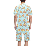 Hand drawn pizza blue background Men's V-Neck Short Pajama Set