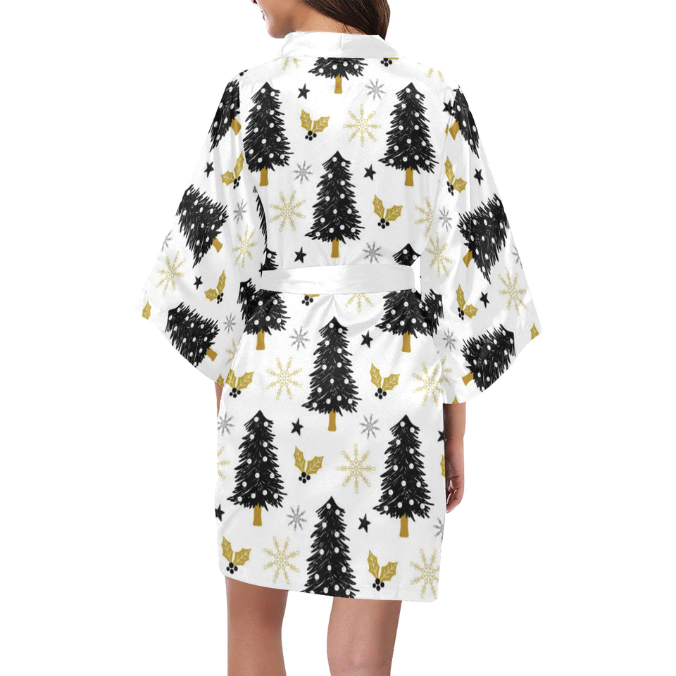 Christmas tree holly snow star pattern Women's Short Kimono Robe