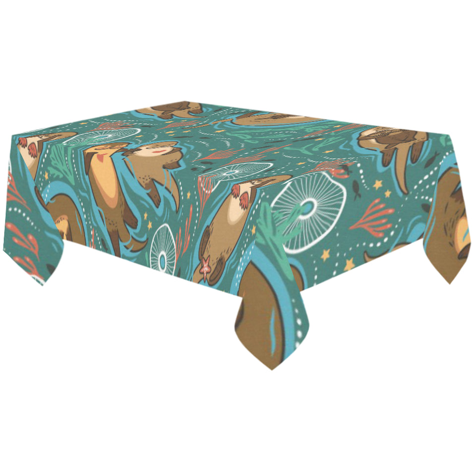 cute brown sea otters ornamental seaweed corals gr Tablecloth