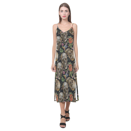 Skull rose humming bird flower pattern V-Neck Open Fork Long Dress