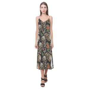 Skull rose humming bird flower pattern V-Neck Open Fork Long Dress