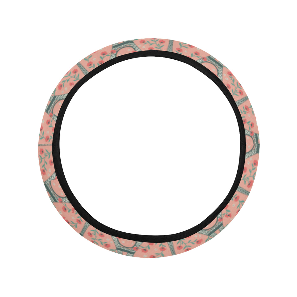 Eiffel Tower Flower Background Pattern Print Desig Car Steering Wheel Cover