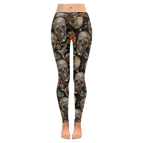 Skull rose humming bird flower pattern Women's Legging Fulfilled In US