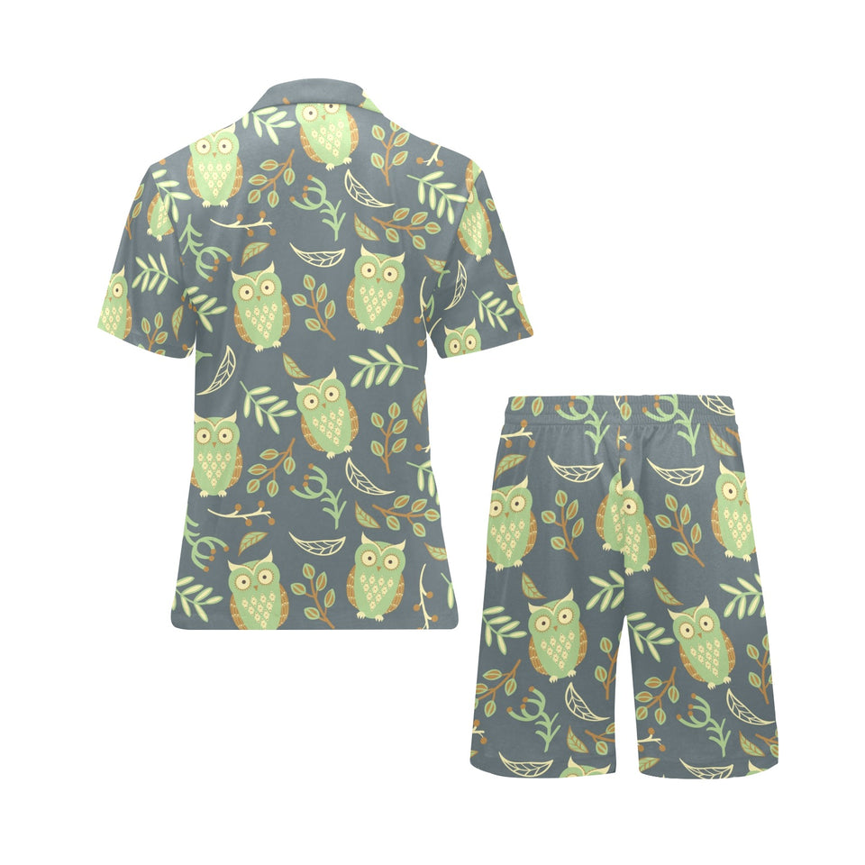 Cute owls leaves pattern Men's V-Neck Short Pajama Set