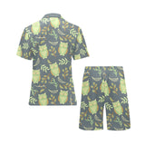 Cute owls leaves pattern Men's V-Neck Short Pajama Set