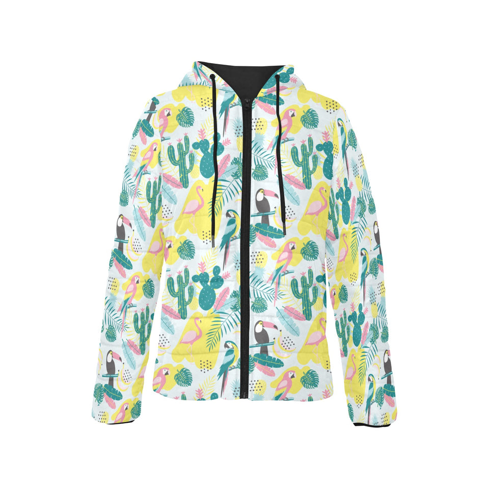 Cute parrot toucan flamingo cactus exotic leaves p Women's Padded Hooded Jacket