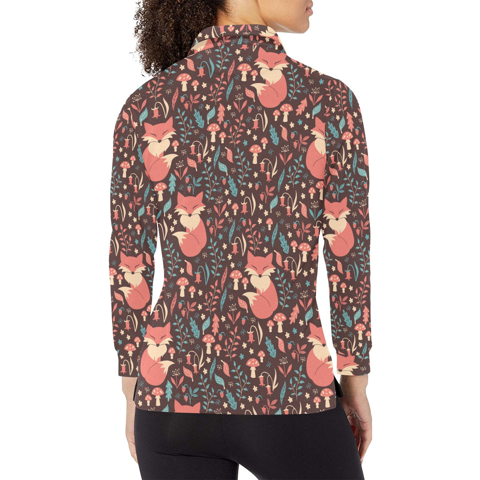 fox leaves mushroom pattern Women's Long Sleeve Polo Shirt