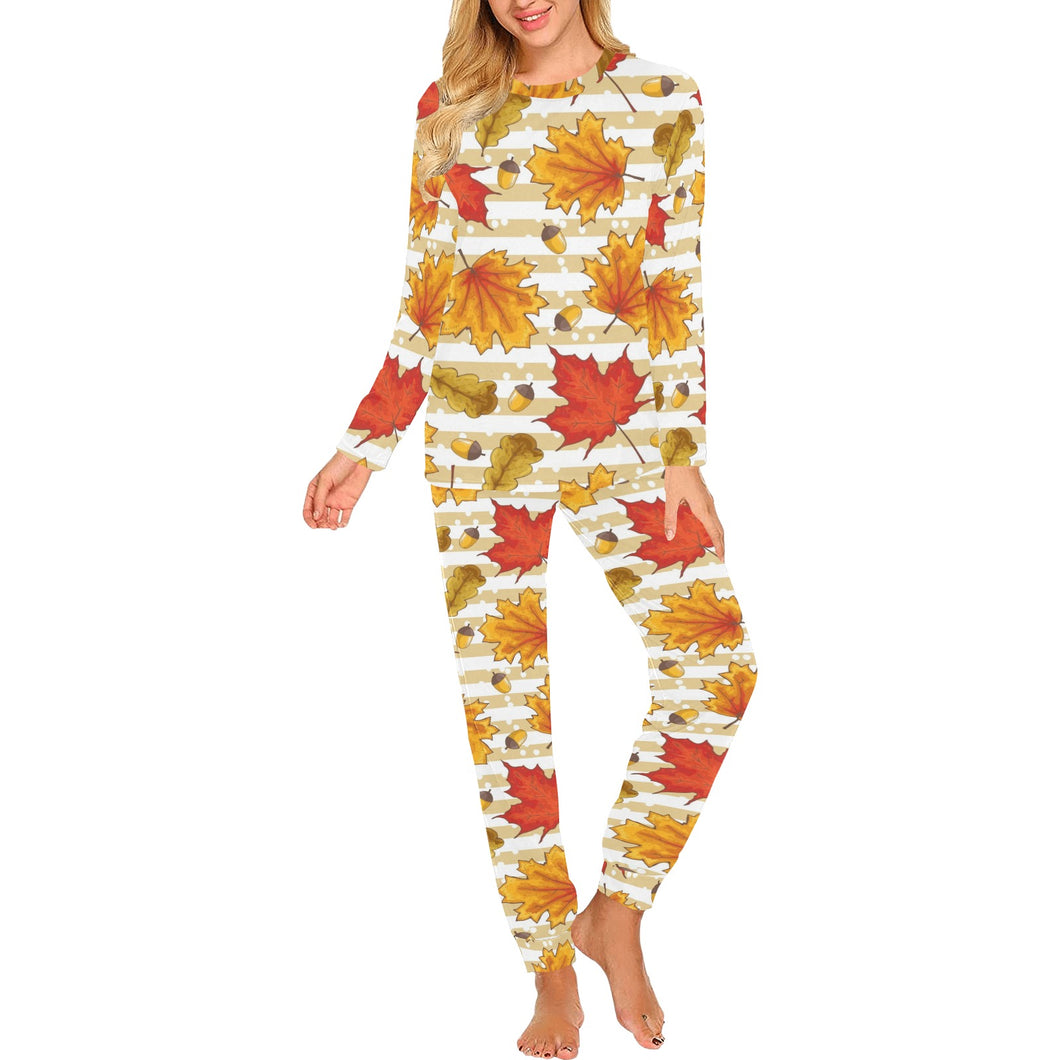 Maple leaf oak leaf acorns beige striped backgroun Women's All Over Print Pajama Set