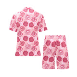 Rose Pattern Print Design 02 Men's V-Neck Short Pajama Set