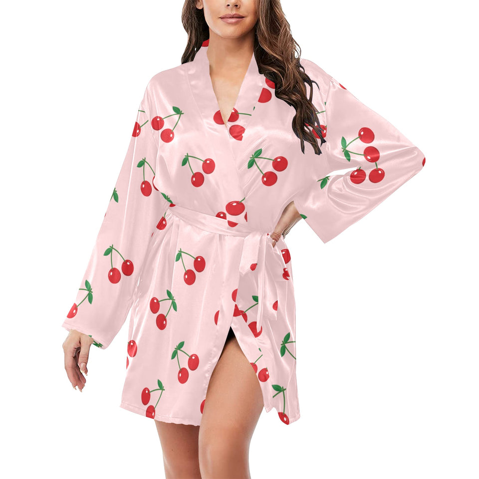 cherry pattern pink background Women's Long Sleeve Belted Night Robe