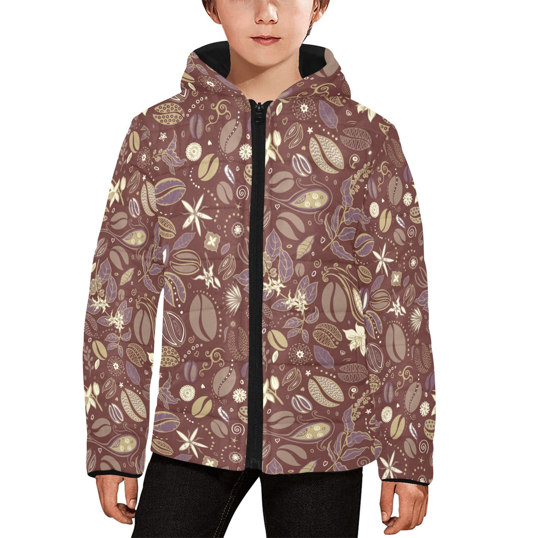 Coffee bean flower pattern Kids' Boys' Girls' Padded Hooded Jacket
