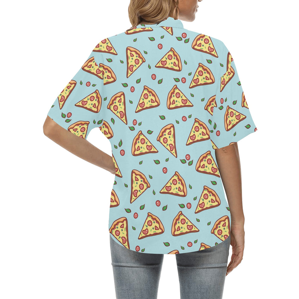 Hand drawn pizza blue background Women's All Over Print Hawaiian Shirt