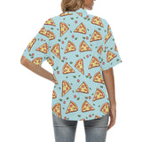 Hand drawn pizza blue background Women's All Over Print Hawaiian Shirt