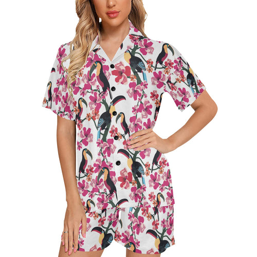 Toucan flower design pattern Women's V-Neck Short Pajama Set