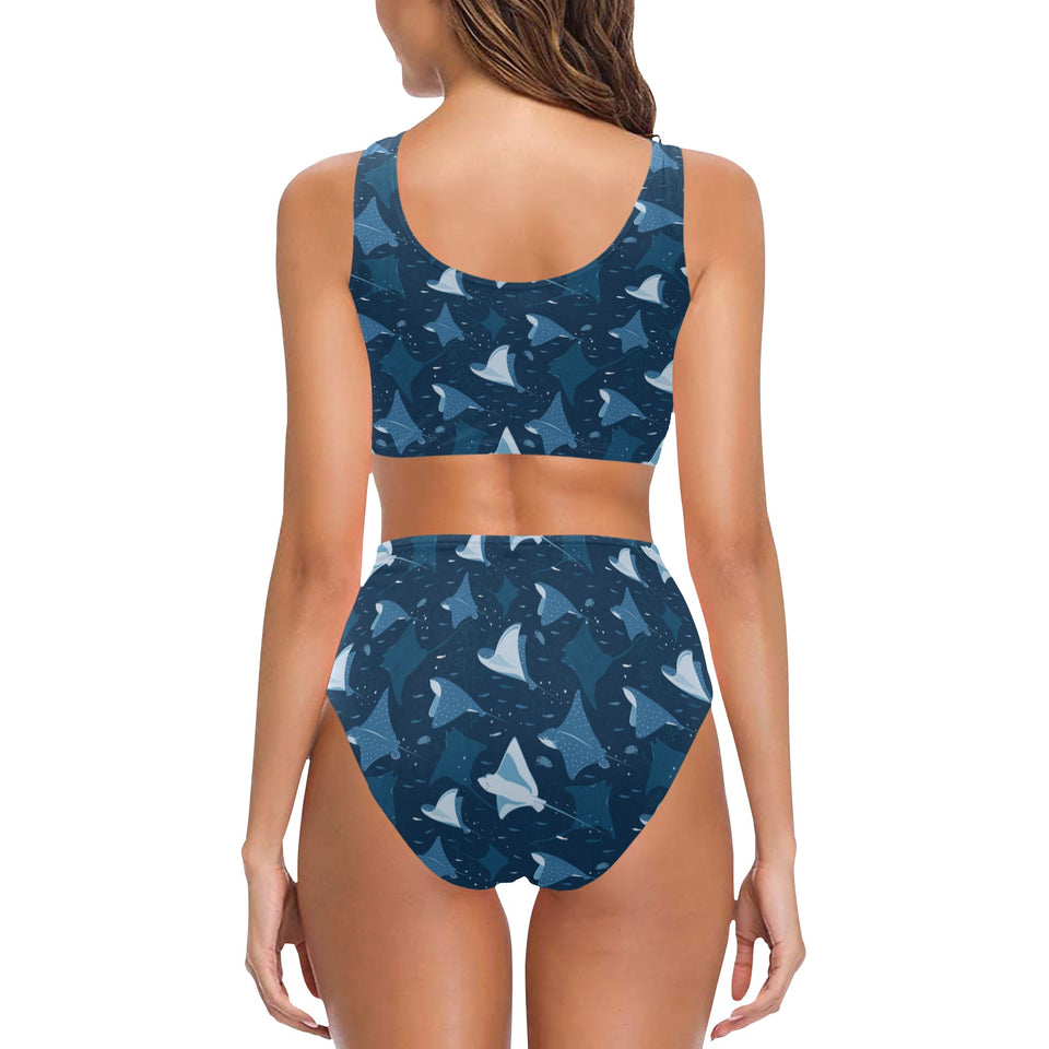 Stingray Pattern Print Design 04 Chest Bowknot High Waisted Bikini Swimsuit