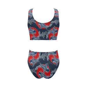 Koi Fish Carp Fishs hand drawn japanese art Chest Bowknot High Waisted Bikini Swimsuit