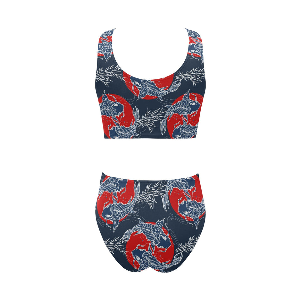 Koi Fish Carp Fishs hand drawn japanese art Chest Bowknot High Waisted Bikini Swimsuit