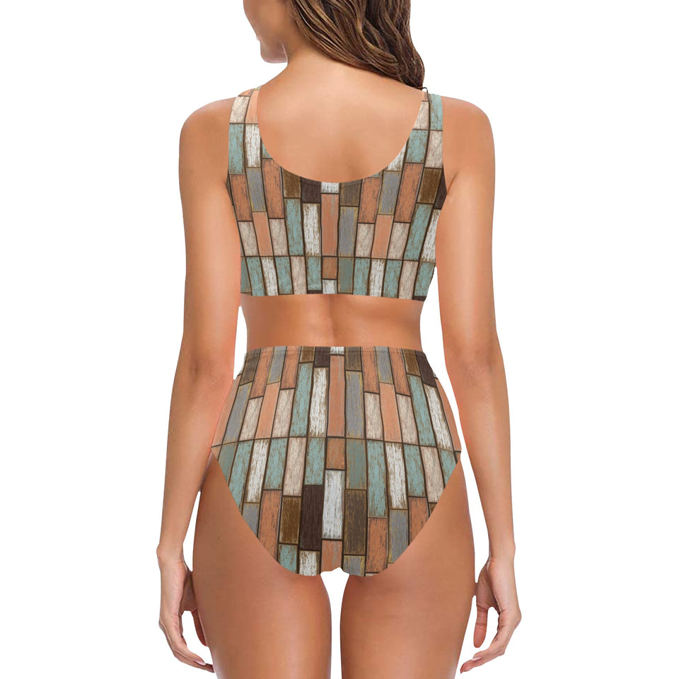 Wood Printed Pattern Print Design 02 Chest Bowknot High Waisted Bikini Swimsuit