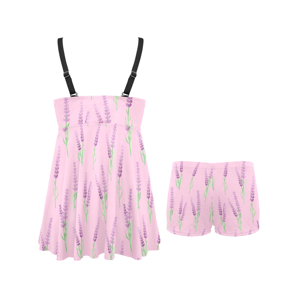 Lavender pattern pink background Chest Sexy Pleated Two Piece Swim Dress