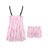 Lavender pattern pink background Chest Sexy Pleated Two Piece Swim Dress