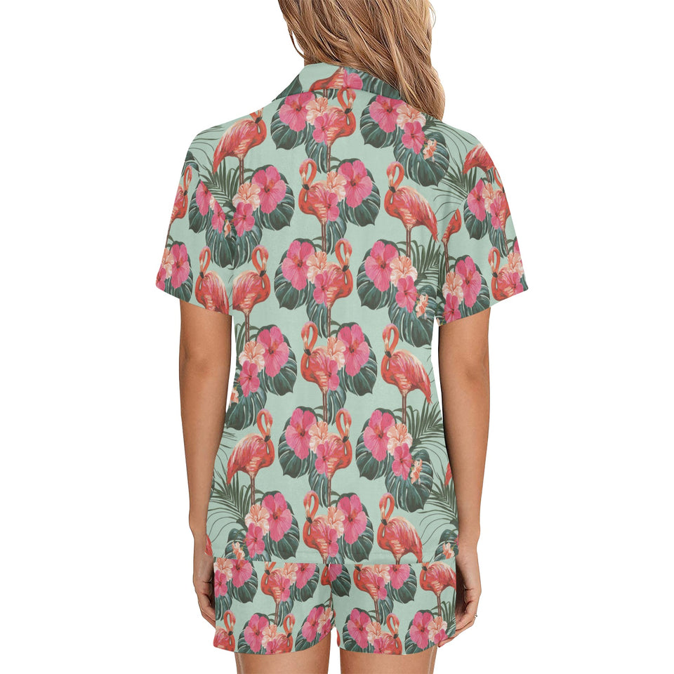 Beautiful flamingo tropical palm leaves hibiscus p Women's V-Neck Short Pajama Set
